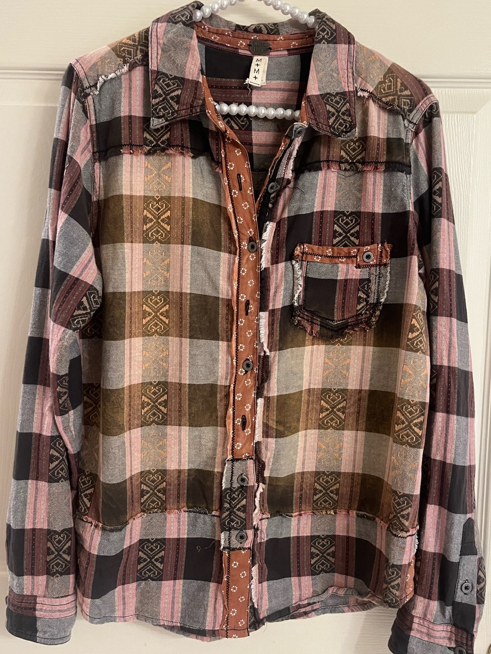 Free People We The Free Plaid Button Front Shirt M Mixed Pattern Raw Hem Boho